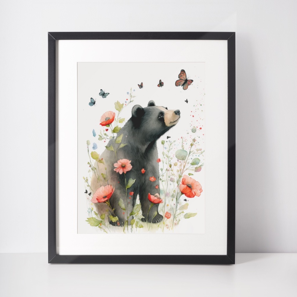 Watercolor Floral Black Bear Portrait Wall Art Illustration Print Unframed - Picture 3 of 6